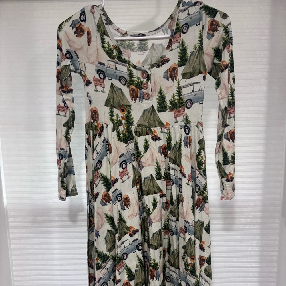 Posh Peanut Camping Cream Dress with Green Tree & Orange Accent Camping Print